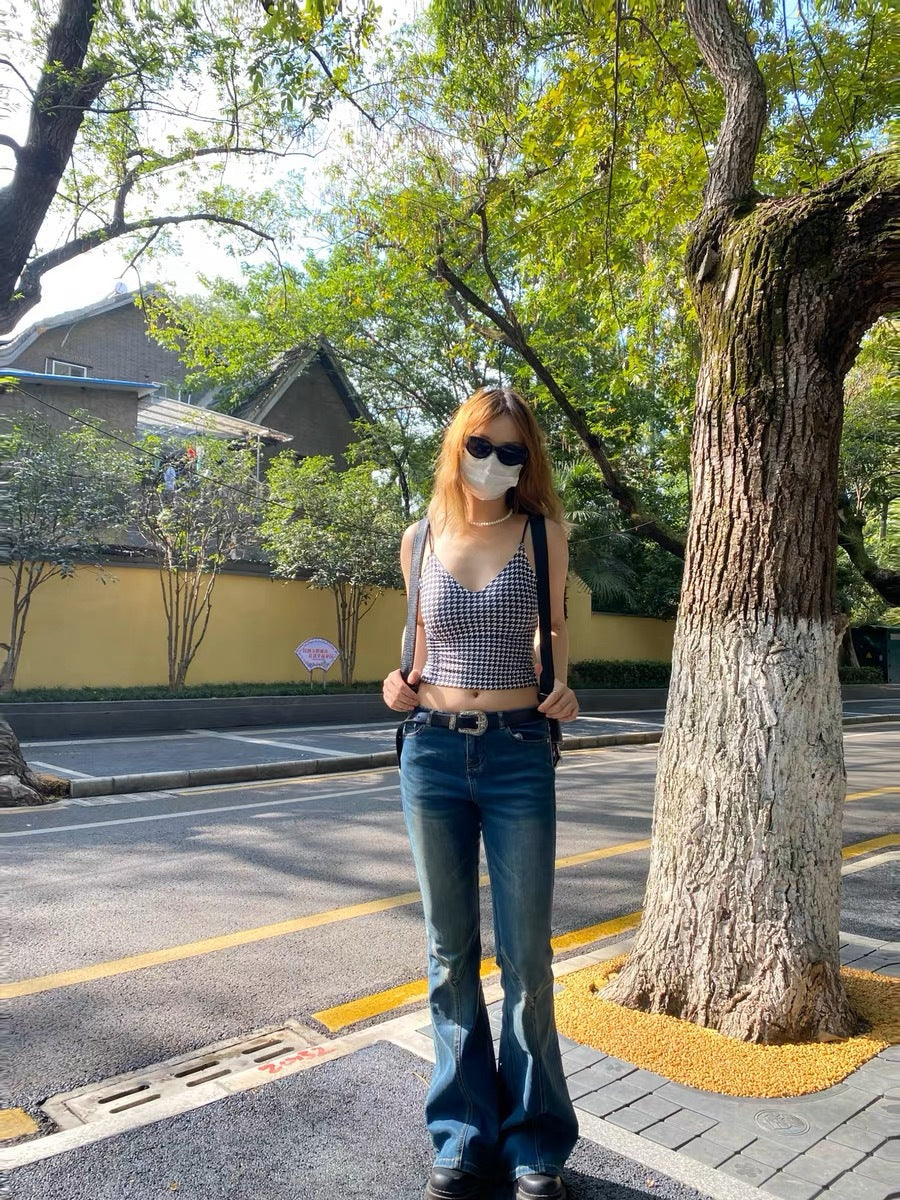 Fall New Retro Spice Girl Slim Mid-Waisted High Bounce Slim Fit Bell-Bottom Jeans Girl