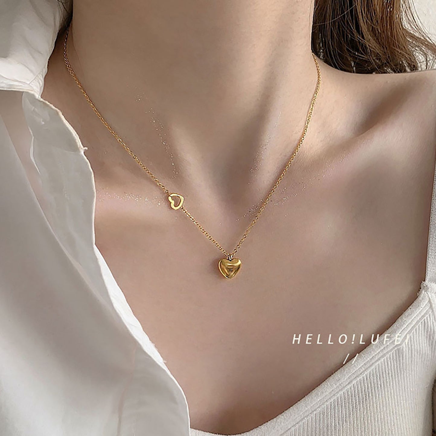 5pcs Elegant Fashion Style 18K Gold Plated Stainless Steel Double Heart Pendant Necklace Women's Love Pendant Collar