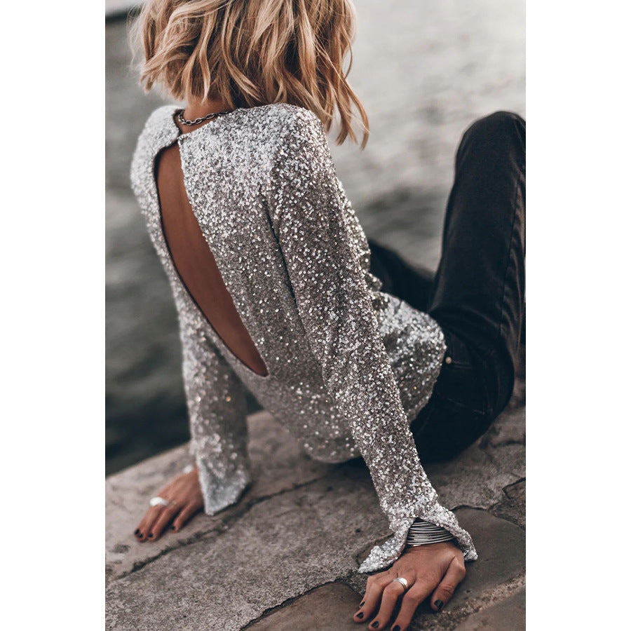 Fall/Winter New Party Sequin Long Sleeve Crew Neck Shirt Casual Loose Split Top