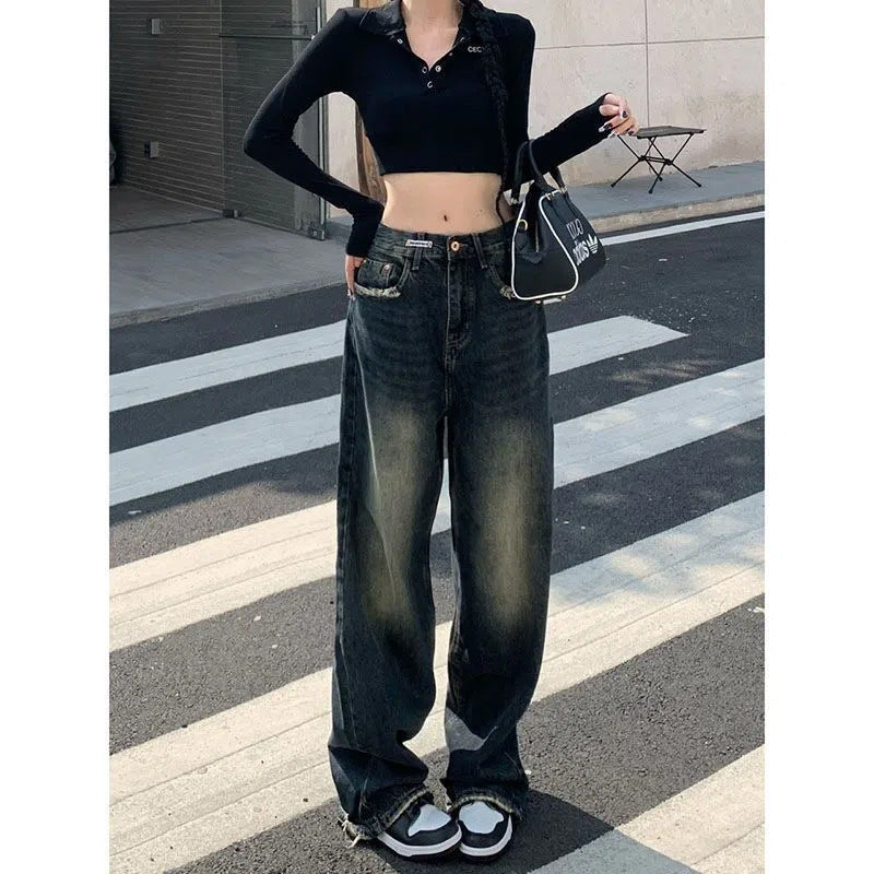 Retro Straight Leg Jeans Women's High Street High Waist Loose Slouchy Thin Mop Wide Leg Pants