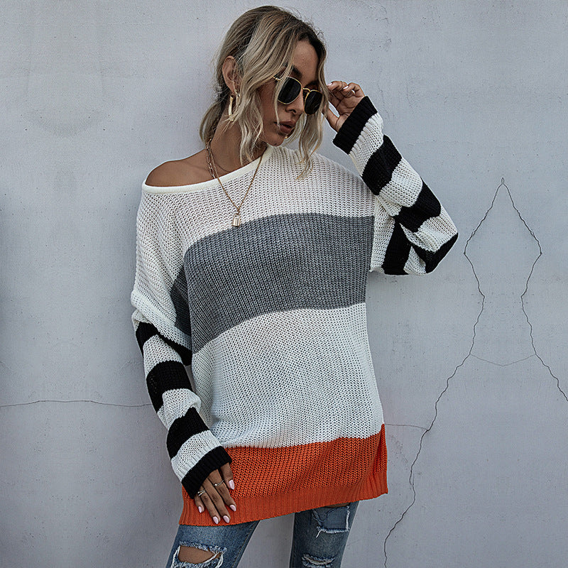 Fashion Women's Autumn Casual Long-Sleeved Matching Color Sweater Women's Medium Length