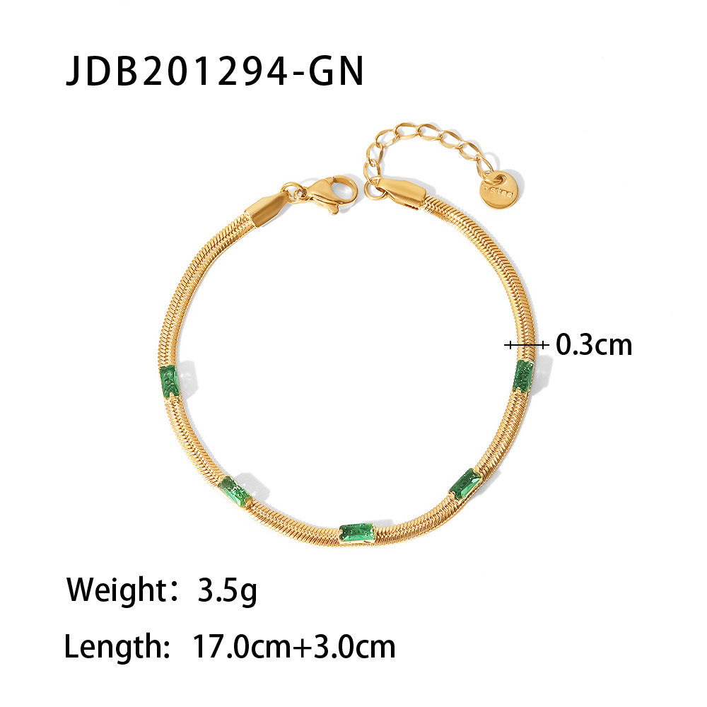 5pcs Women's New 14K Flat Snake Chain Square Green/White Zircon Necklace Bracelet Combination Set