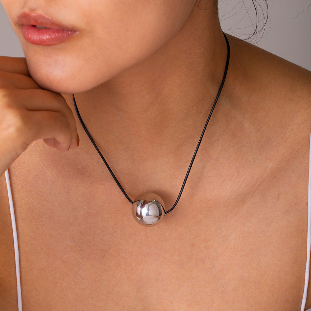 5pcs Necklace Steel Color Stainless Steel Wax Rope Draw Round Ball Pendant Necklace Necklace