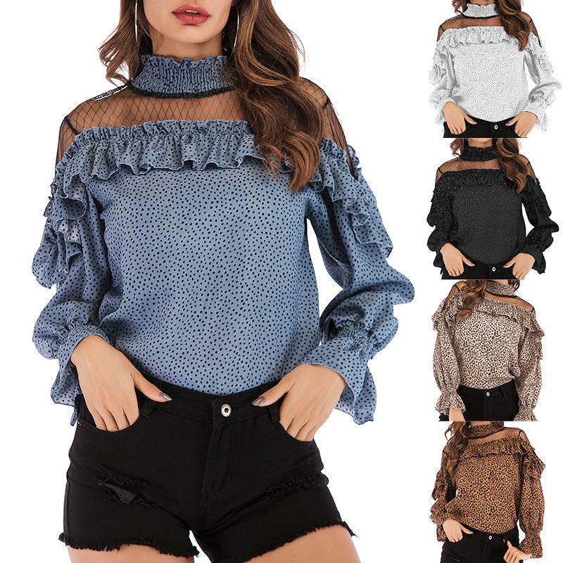 Chiffon Polka Dot Women's Top Autumn New Trumpet Sleeve Mesh Stitching Ruffled Edge