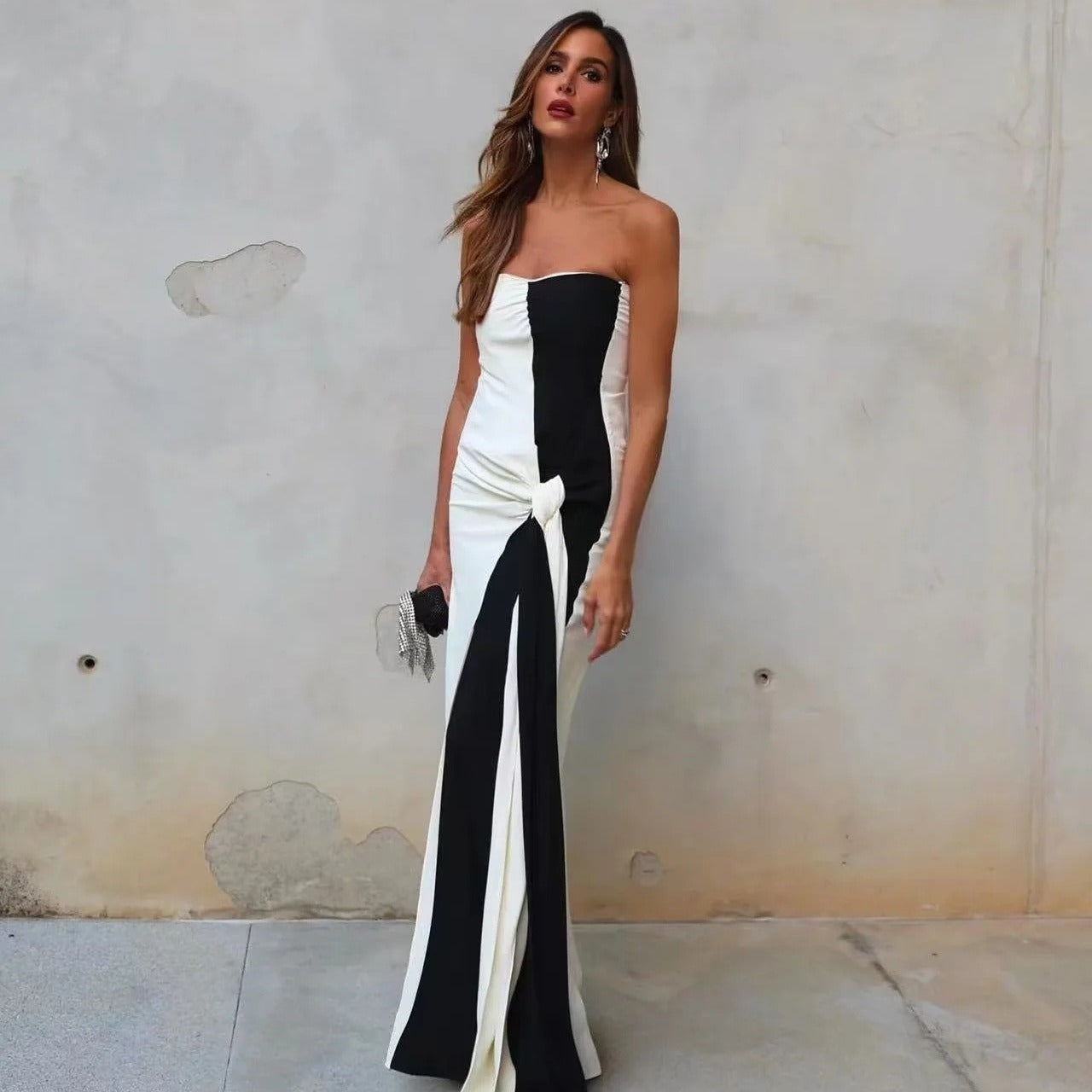 Women's Sexy Long Dress Patchwork Chest Knot Dress