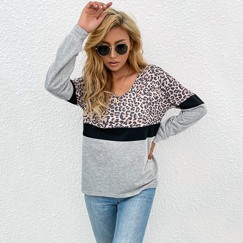 Early Autumn Casual Women's Leopard-Print Splicing Long-Sleeved Bottom Shirt For Women