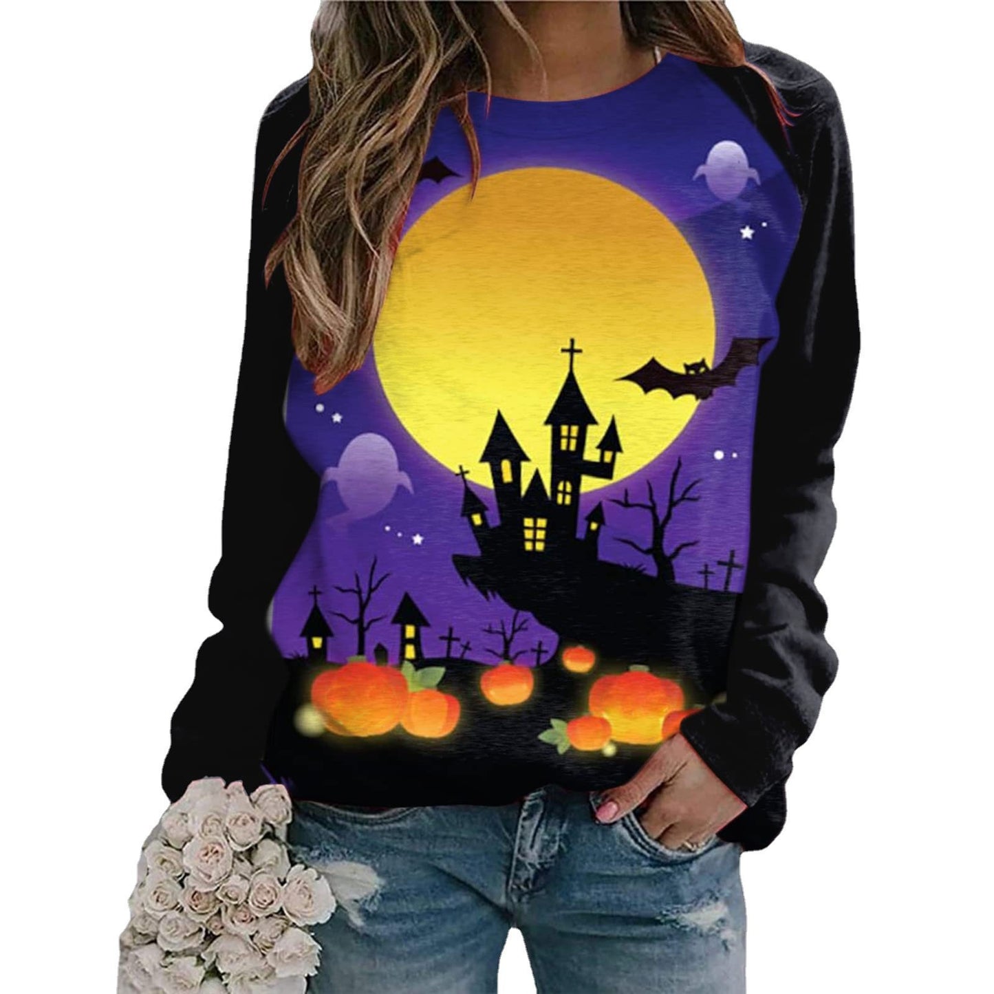 New Women's Halloween Christmas Women's Clothing 3D Three-Dimensional Printed Castle Dark Round Neck Hoodie
