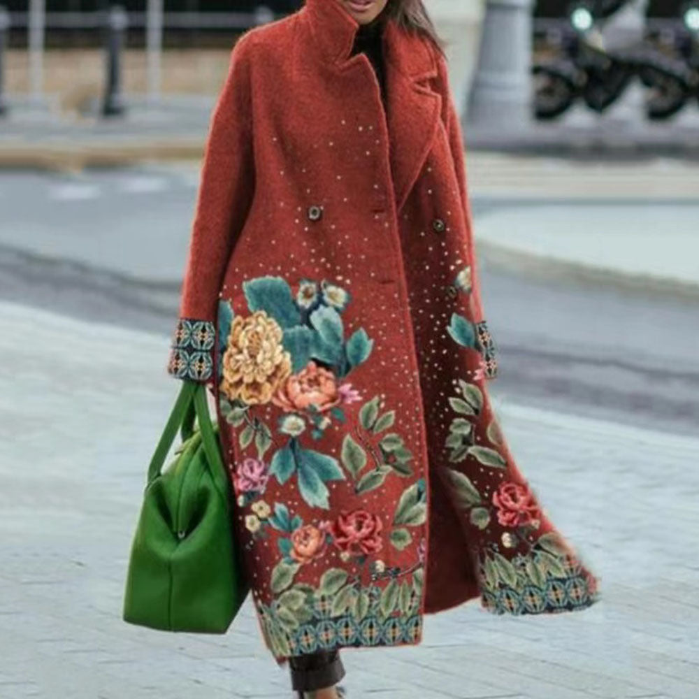 New Autumn Women's Long Sleeve Lapel Coat Printed Wool Long Coat