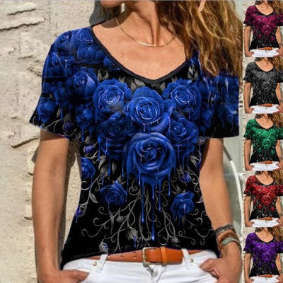 Summer New Women's New Short Sleeve Rose Print T-Shirt Woman