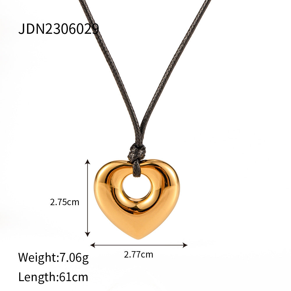 5pcs Stainless Steel Black Wax Rope Hollow Love Pendant Necklace Light Luxury Senior Minority