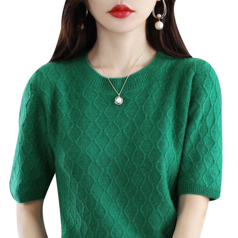 New 100% Pure Woolen Sweater Women Round Neck Short Sleeve Bottom Shirt Fashion Half Sleeve Knitted Top Fashion Pattern