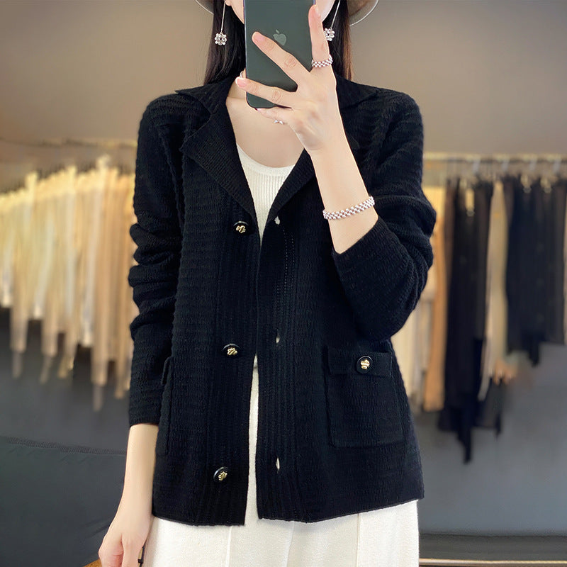 Autumn And Winter Knitted Suit Collar Loose Sweater Coat Slimming Top Knitted Sweater Pure Wool Cardigan Women