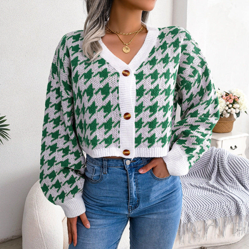 New Autumn And Winter Leisure Lantern Long Sleeve Thousand Bird Check Cardigan Sweater Coat Women's Wear