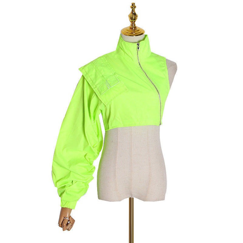 Spring New Fashion Temperament Stand Collar Sexy Off-The-Shoulder Single Sleeve Short Zipper Coat