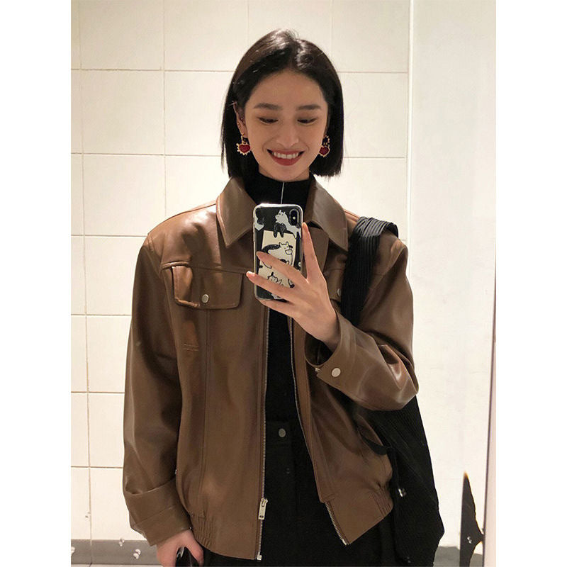 Brown Leather Coat Women Spring And Autumn New American Retro Senior Design Sense Of Niche Motorcycle Couple Jacket