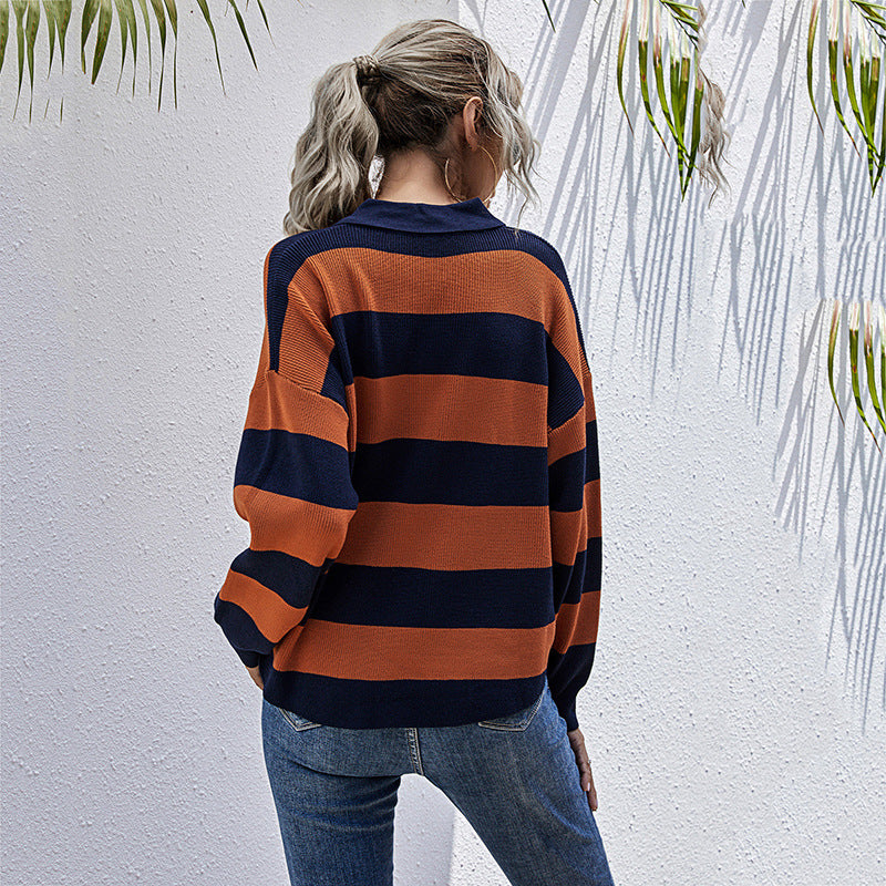 Autumn Loose Top Women Striped Long Sleeve Lapel Sweater Thin