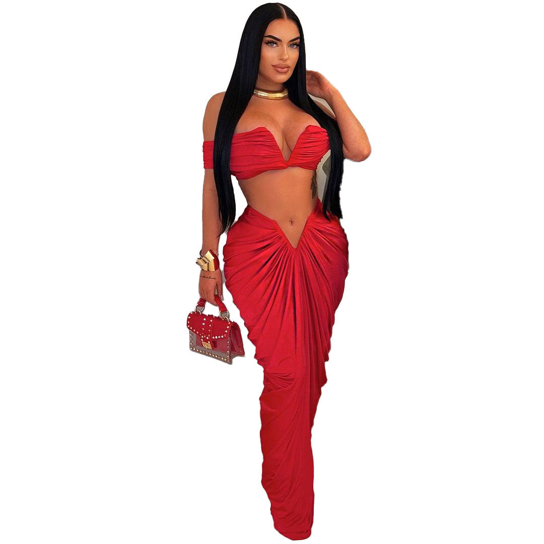 Sexy Sleeveless Top Stretch Tight Floor Length Pleated Skirt Two-Piece Set