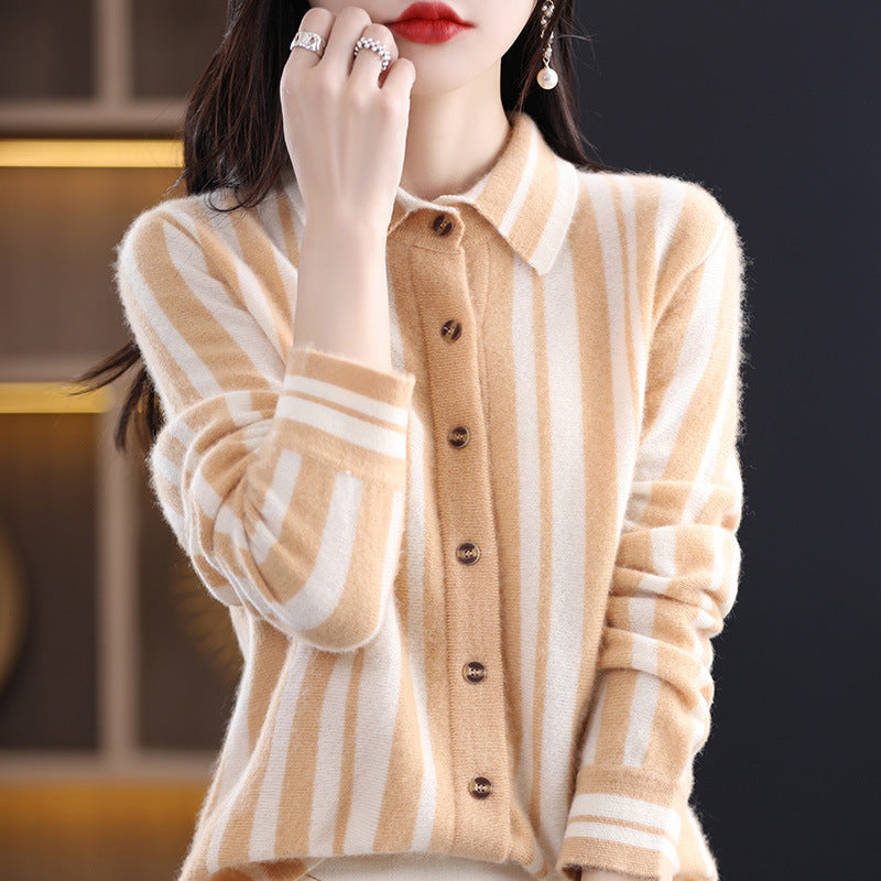 Spring And Autumn New Polo Collar Vertical Stripes Pure Wool Shirt Female Korean Version Patchwork All Matching Thin Wool Knitted Cardigan