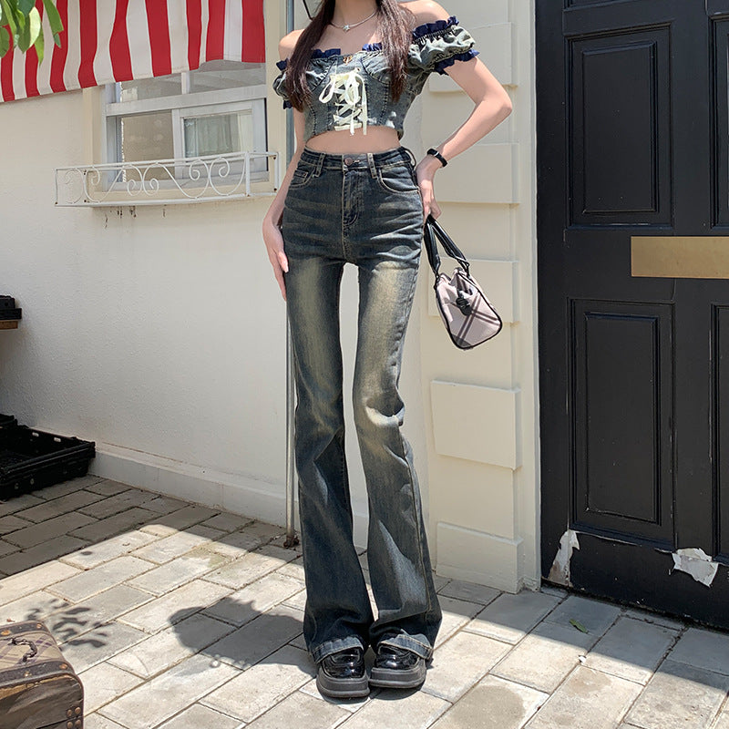 Retro Spice Micro-Cut Jeans For Women Autumn New High-Waisted Slimming All With Horseshoe Bell Bottoms