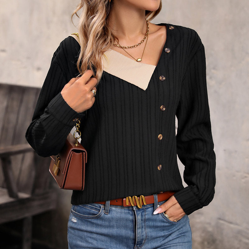 Autumn New Blouse Color Splicing V-Neck Long Sleeve Button Decoration Top