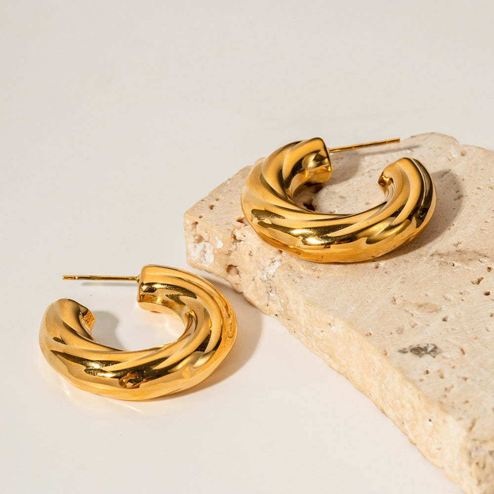 5pcs New Geometric Titanium Steel Earrings 18K Gold Plated Stainless Steel Bevel Ribbed C-Shaped Earrings For Women