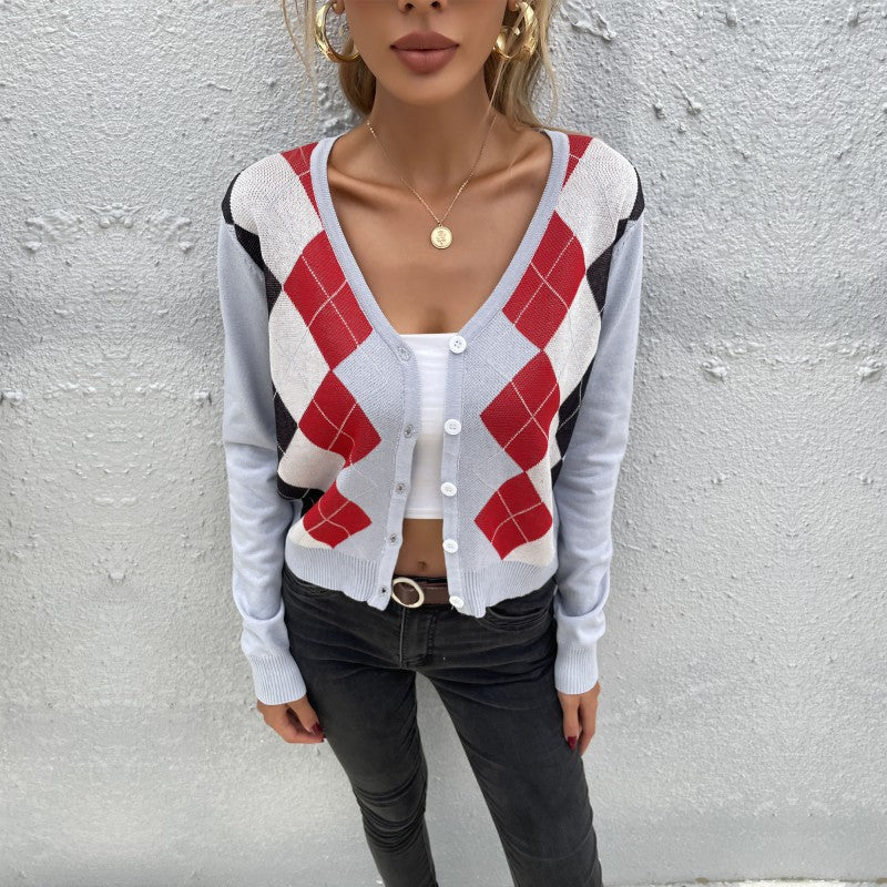 Early Autumn Fashion Women's Diamond Check Shirt Long Sleeve Short Light Cardigan