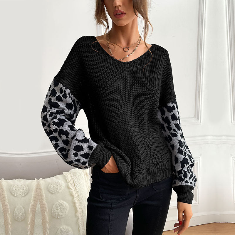 Autumn New Women's Thin Round Neck Knitted Jumper Leopard Print Sweater Woman