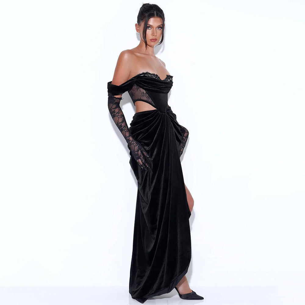 Autumn And Winter Women's One-Shoulder Lace Long-Sleeved Canary Dress Sexy Waist Slit Evening Dress