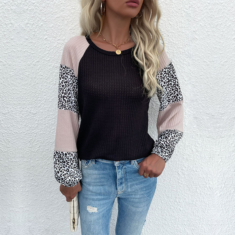 Fall New ern Style Long-Sleeved Waffle Top Spliced Leopard Knit