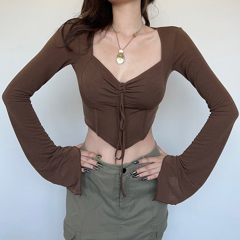 Street Spice Style Sexy Low V-Neck Long Sleeve T-Shirt Fishbone Waist Irregular Slim Draw Pleated Crop Top
