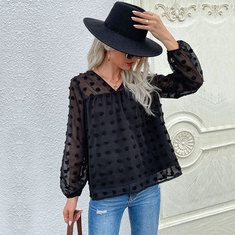 Long Sleeve V-Neck Black Chiffon Shirt Hairball Jacquard Jumper New