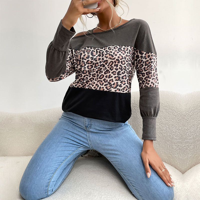 Autumn and Winter New Leopard Print Splicing Top: Line Collar, Hollowed Out Shoulders, and Casual Elegance