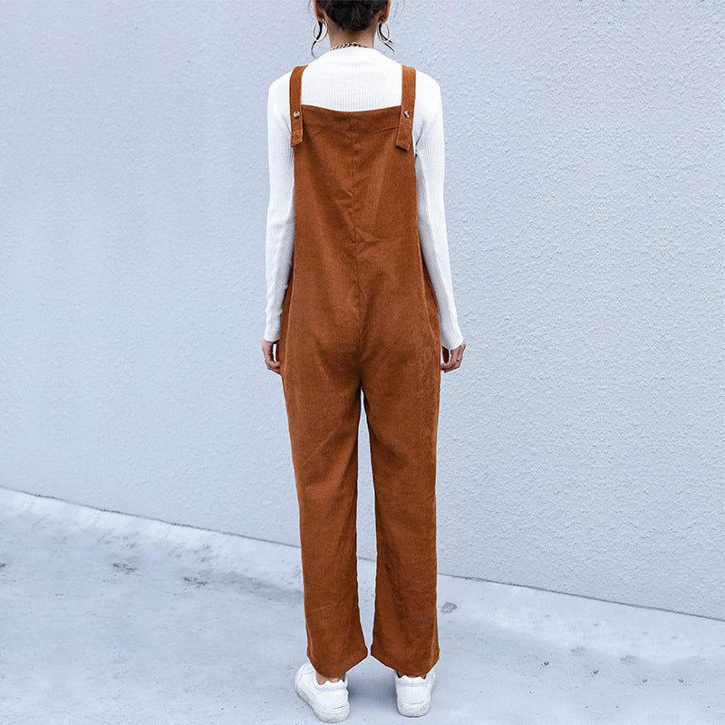 Autumn New Women's Fashion Brown Loose Corduroy Suspenders