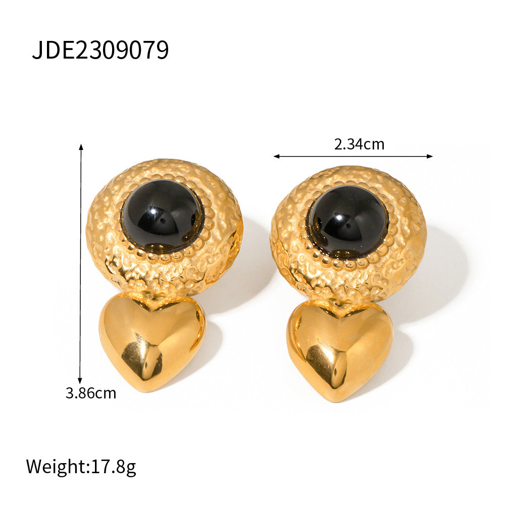 5pcs New 18K Gold Stainless Steel Hammer Inlaid Black Stone Love Earrings Jewelry Fashion Personality Ladies