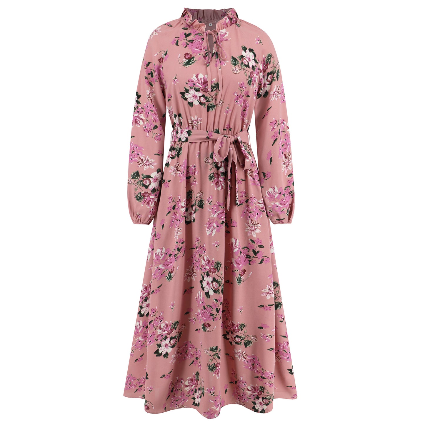 Slim-Fit Temperament Women Lantern Sleeve Stand Collar Lace Floral Skirt Mid-Length Dress
