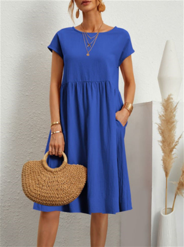 Fashion Ol Quality Women's Solid Color Cotton Linen Round Neck Set A-Line Skirt Dress