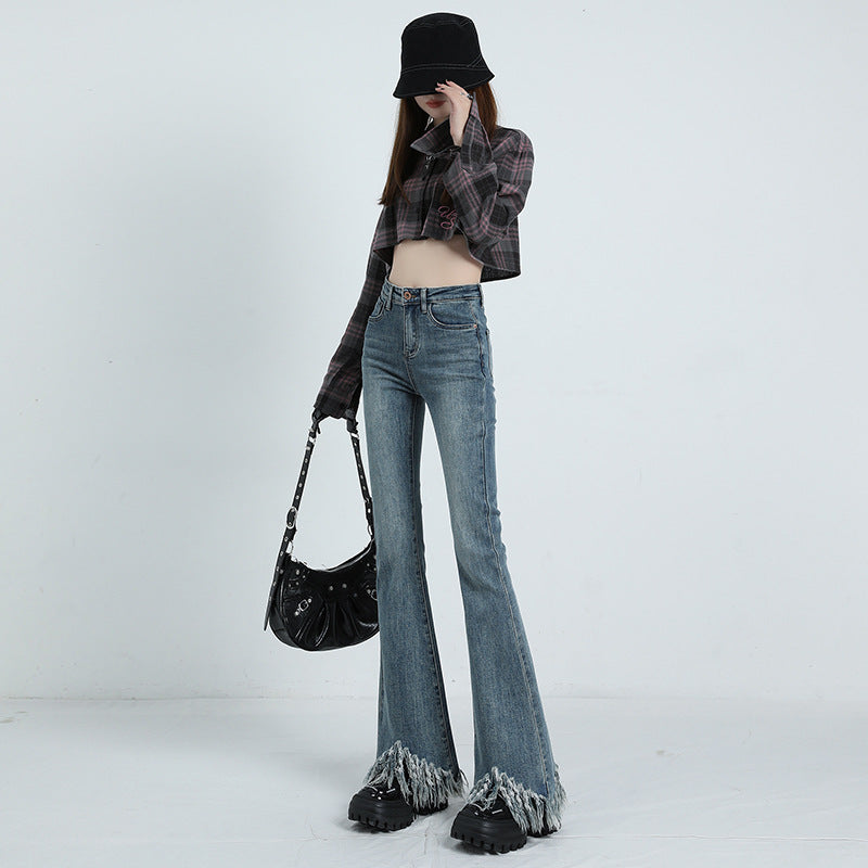 Spring And Autumn New Retro Fringe High Waist Micro Flared Jeans Women Slim Slim Stretch Raw Edge Mop Pants