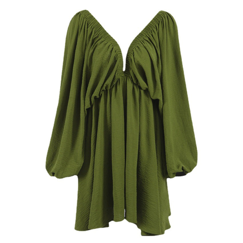 Autumn Women's Skirt Lantern Sleeve V-Neck Sexy Temperament Senior Vintage Dress