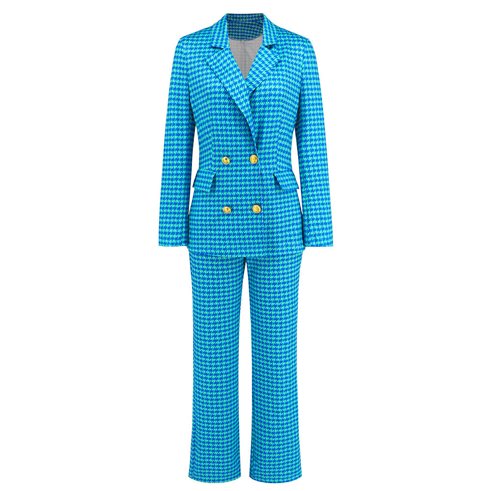 Autumn/Winter Women's New Thousand Bird Lattice Double-Breasted Suit Jacket + Slim Straight Trousers Suit Burst