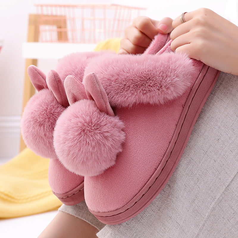 Long Ears Single Ball Male And Female Couples Winter Warm Wooden Floor Thickened Indoor Warm Slippers Cotton Slippers