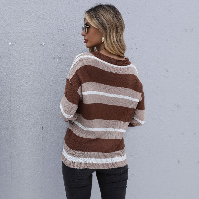 Fashion Women's Autumn Casual Loose Long-Sleeved Striped Sweater