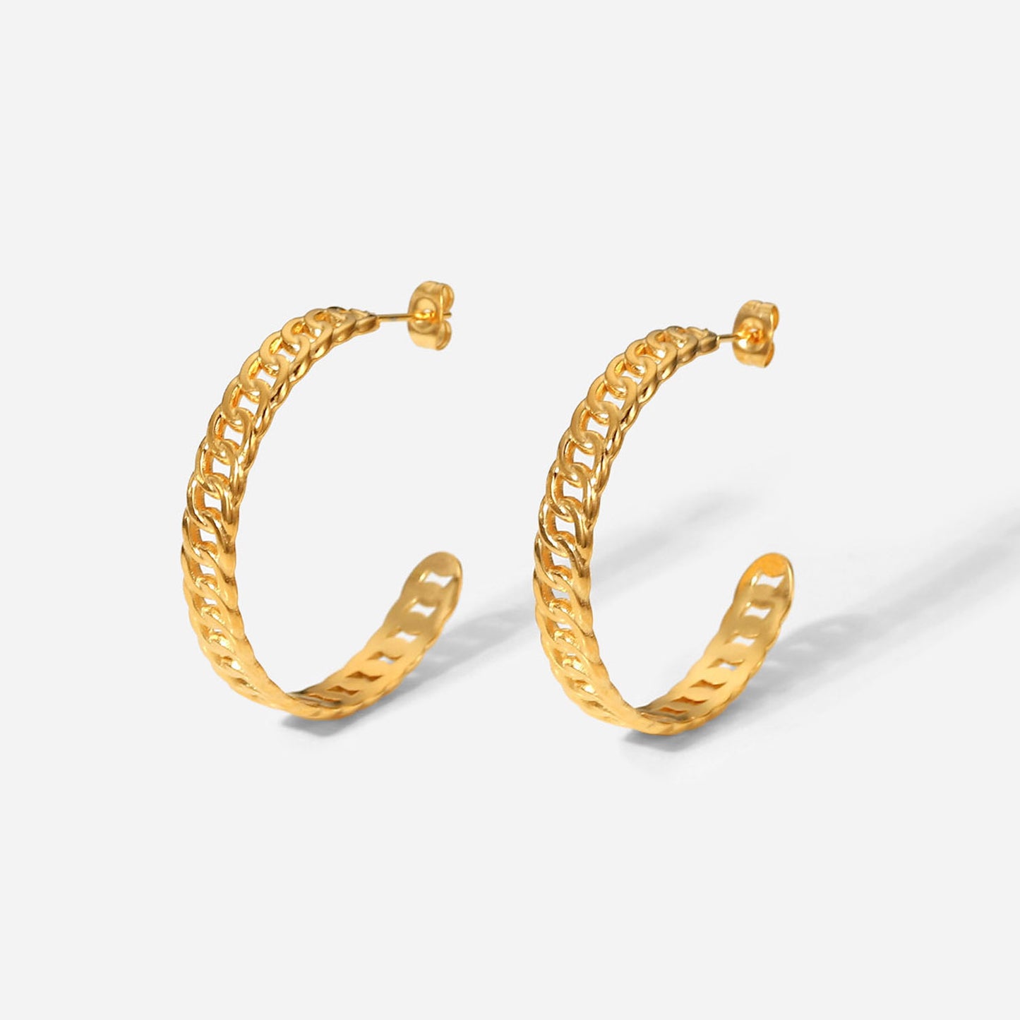 5pcs 18K Gold-Plated Stainless Steel Hoop Earrings 35Mm Gold Titanium Steel Cuban Chain C-Chain Earrings For Women