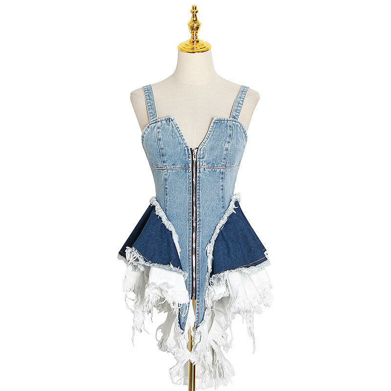 Spring New Niche Design Sense Color Matching Denim Waist Slimming Waistcoat Halter Top Female Tide