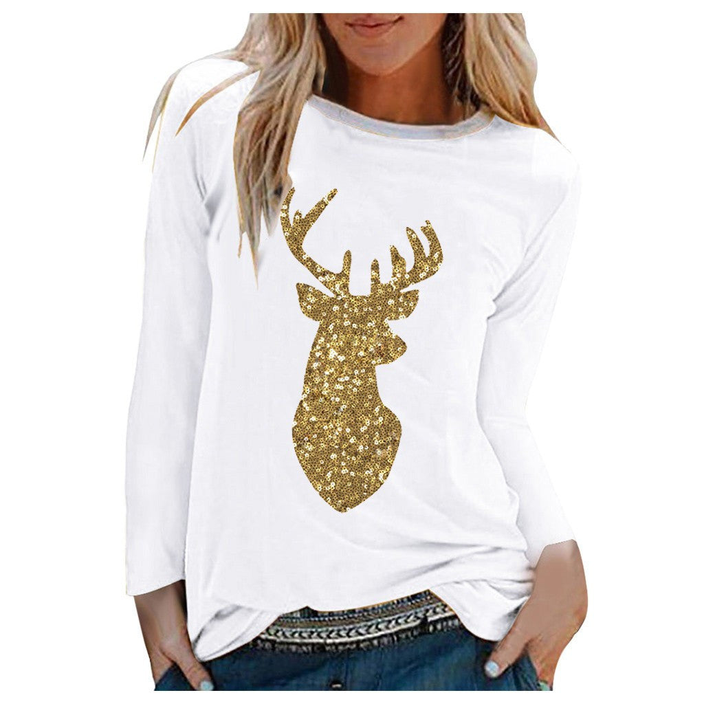 Cross Fall New Ladies Christmas Sequined Antler Print Ladies Fresh Sweet Long Sleeve T-Shirt