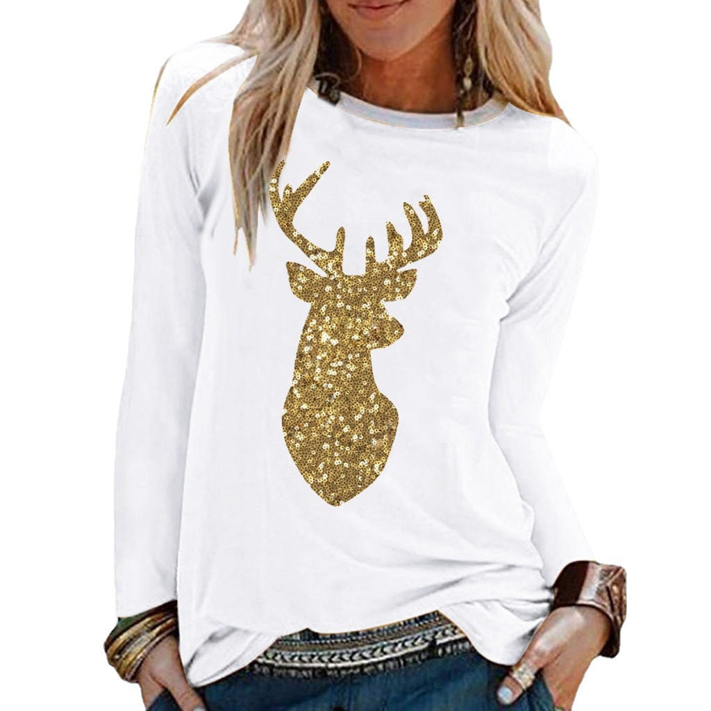 Cross Fall New Ladies Christmas Sequined Antler Print Ladies Fresh Sweet Long Sleeve T-Shirt