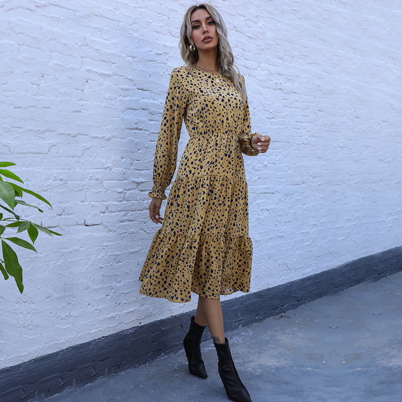 Retro Women's Autumn And Winter Slim Leopard Print Long-Sleeved Dress In The Long Style