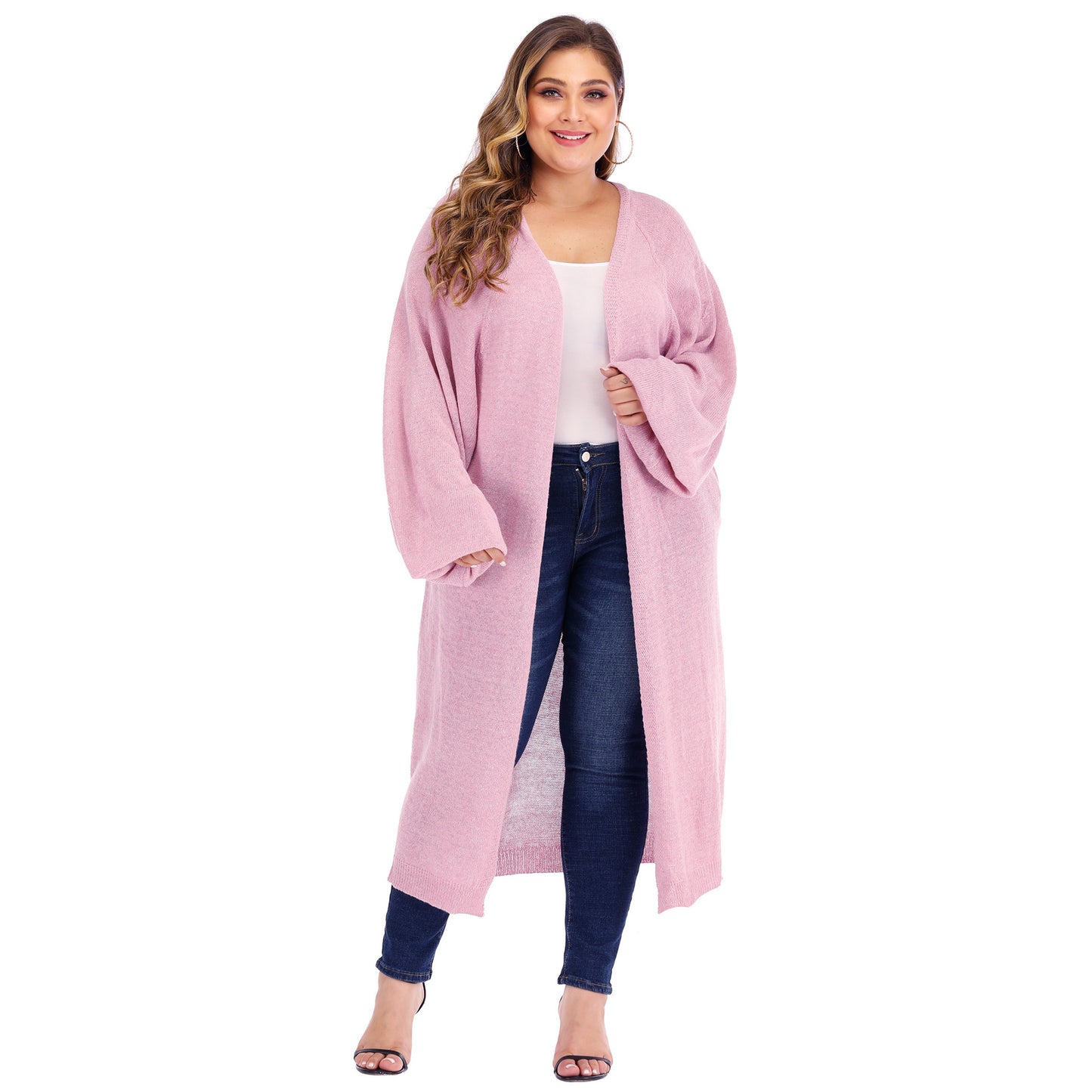 Large Size Women's Loose Pocket Bat Sleeve Lantern Sleeve Long Woven Cardigan Sweater Sweater Coat Women