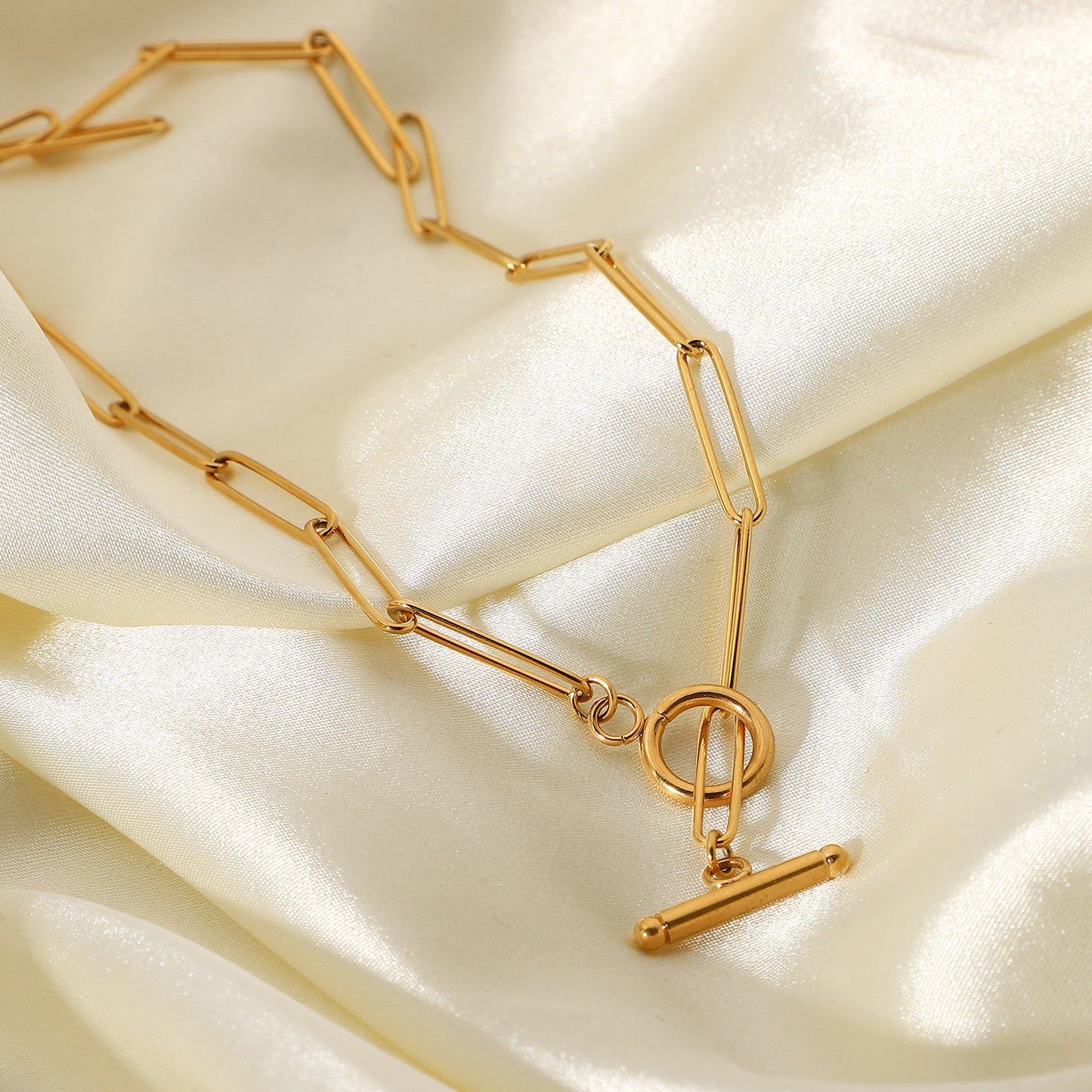 5pcs Punk 18K Gold Ot Buckle Flat Rectangular Chain Necklace Stainless Steel Necklace Women's Choker Jewelry