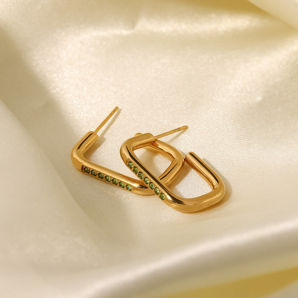 5pcs 18K Gold-Plated Stainless Steel Ring Earrings White // Light Green Inlaid Zircon Titanium Steel Earrings Female