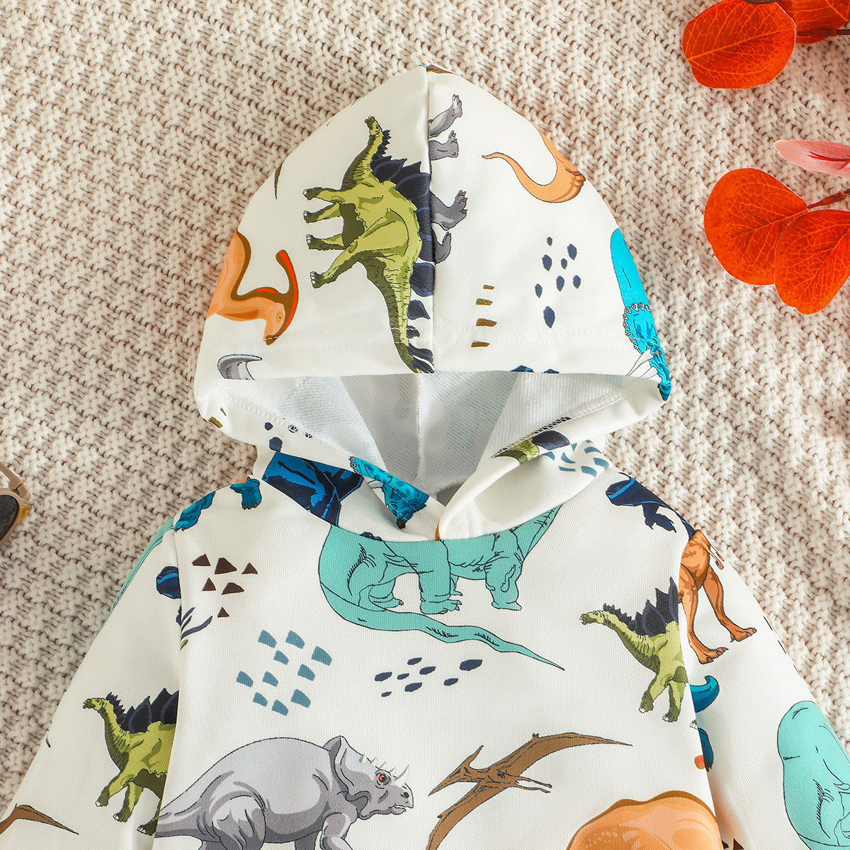 Autumn New Personalized Dinosaur Pattern Printed Children's Hooded Apricot Hoodie + Sweatpants Children's Suit